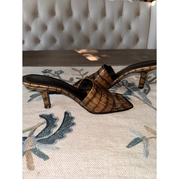 Franco Sarto Brown Croc Embossed Square Toe Kitten Heel Mules Slides 7M - Picture 1 of 4